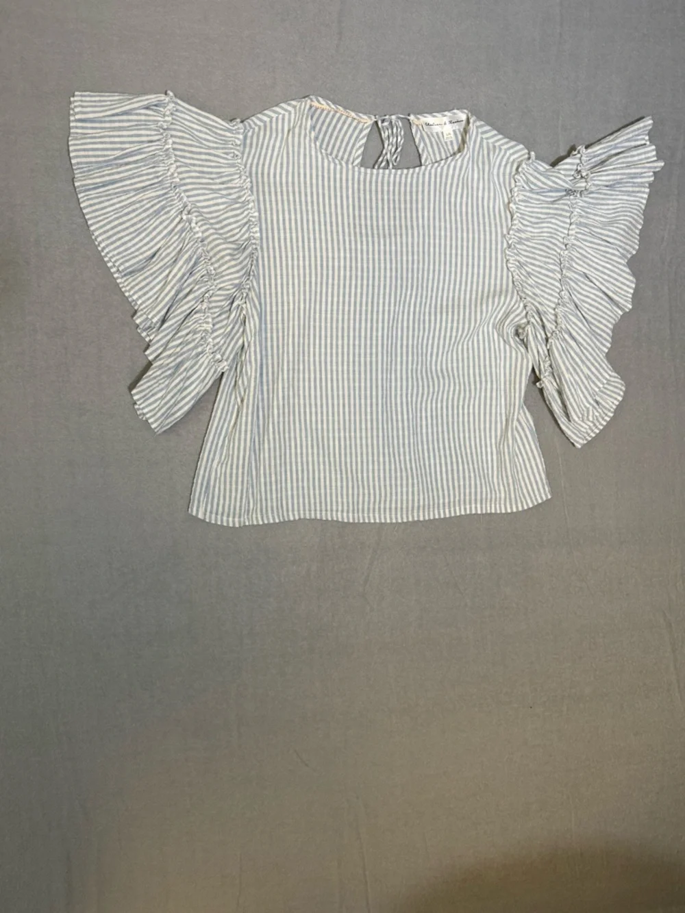 Anthropologie Pilcro Blue Striped Sybil Ruffle Sleeve Open Back Blouse Large - Picture 3 of 11